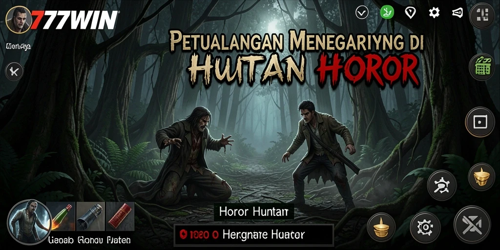 Antarmuka menakutkan dan menegangkan di dalam 777WIN yang menggambarkan suasana hutan horor.