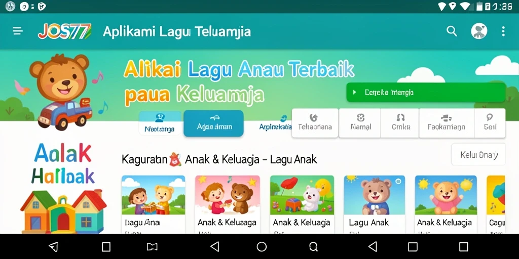 Antarmuka aplikasi JOS77 dengan fitur pilihan lagu anak.